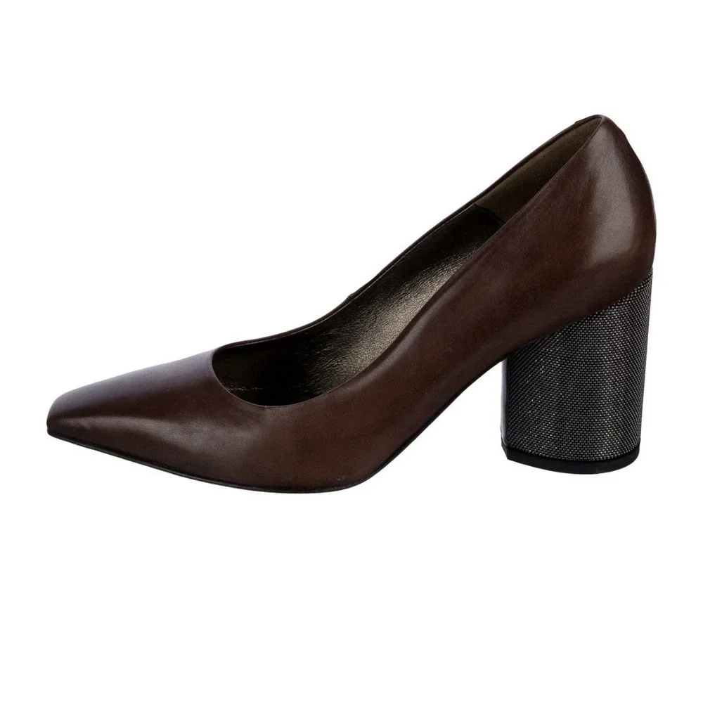 NWT‎ Brunello Cucinelli - Brown Leather And Caviar Beads Block Heel Size 37
